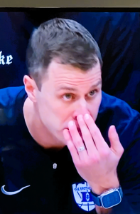 Jon Scheyer looks on as the Blue Devils take a tough loss to the archrival Tar Heels, 93-84.